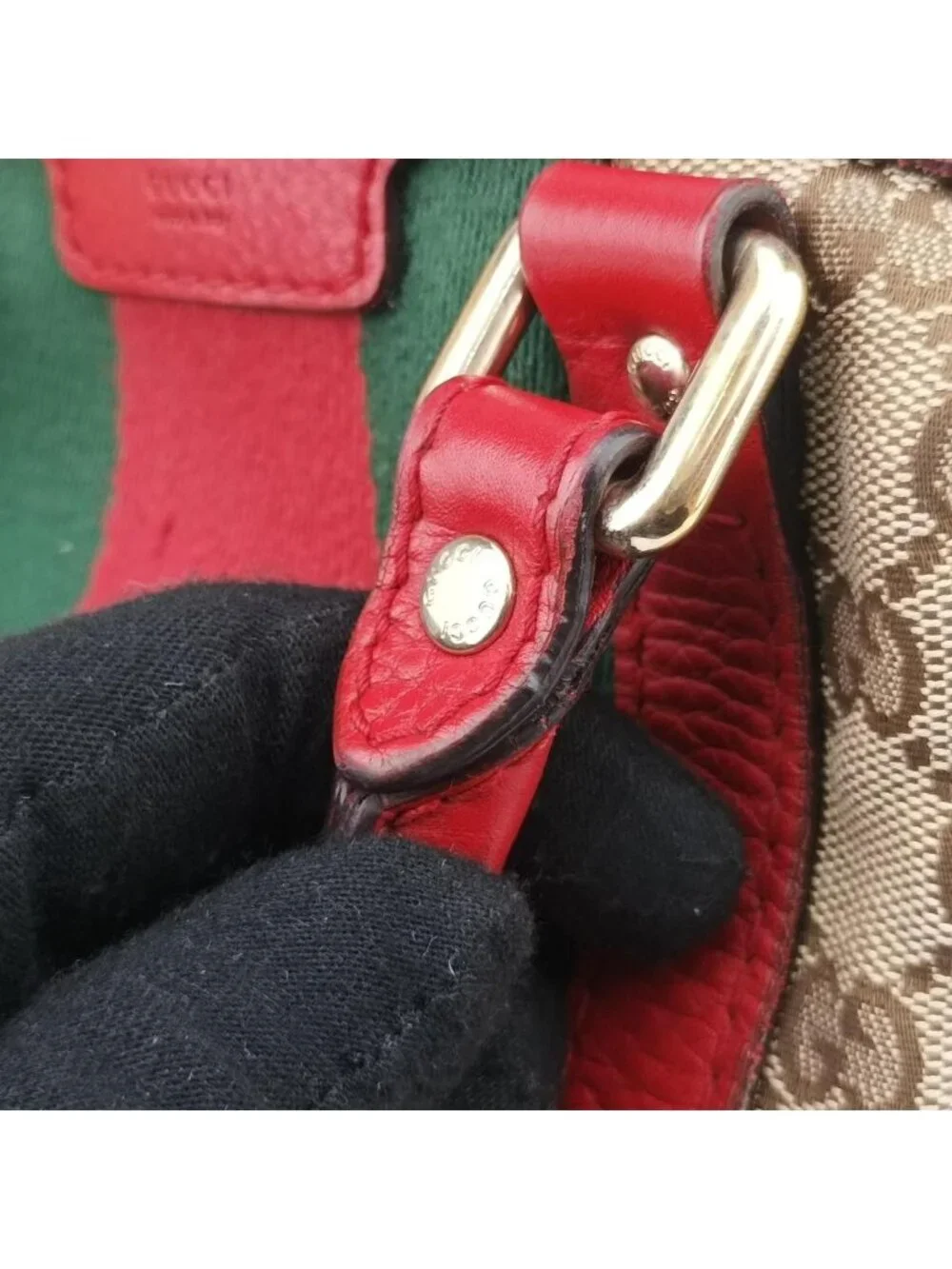 Gucci Sherry Line Beige Red Green Canvas Leather Shoulder Bag